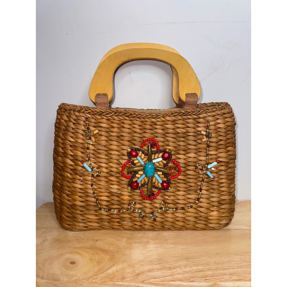 White Stag Vintage Y2K Woven Straw Beaded Floral Handbag Wood Handle Brown